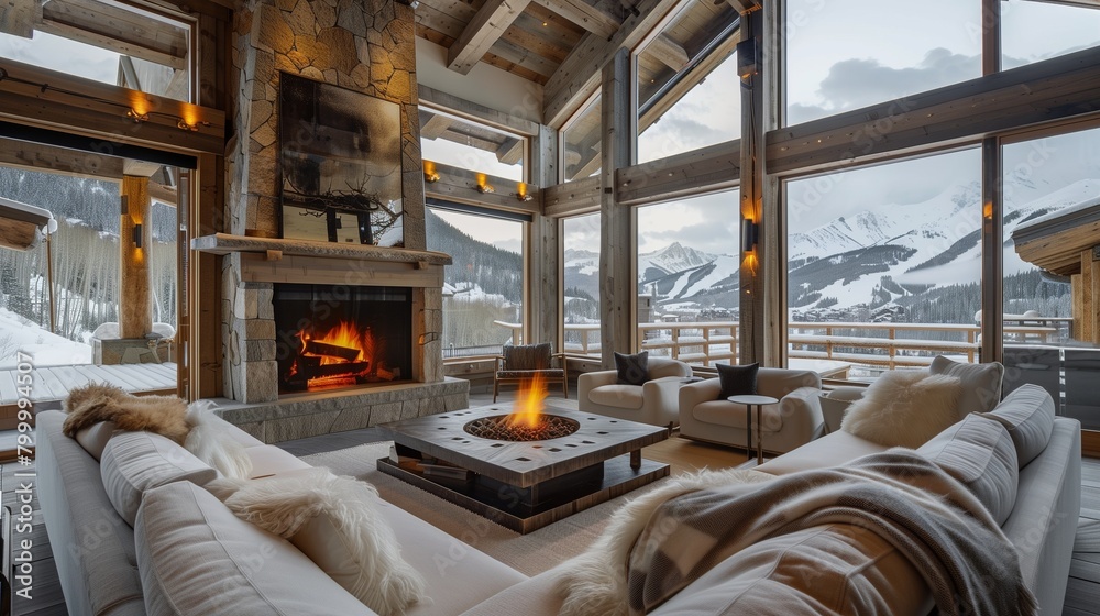 Modern ski chalet with cozy fireplace, fur throws, and panoramic mountain views. Modern ski chalet with cozy fireplace, fur throws, and panoramic mountain views.