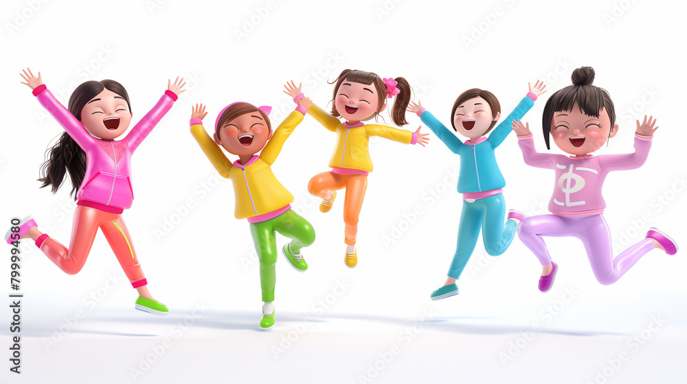 Young cute cartoon excited funny smiling colorful casual active girls in fashion clothes jump up in air high five clapping hands with joy, celebrate success in work. 3d render isolated 