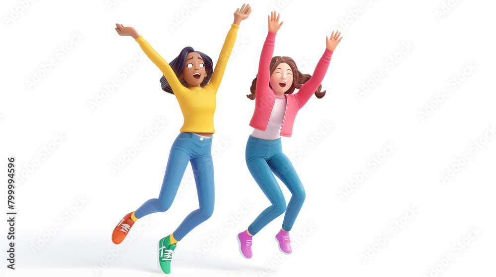 Young cute cartoon excited funny smiling colorful casual active girls in fashion clothes jump up in air high five clapping hands with joy, celebrate success in work. 3d render isolated Young cute cartoon excited funny smiling colorful casual active girls in fashion clothes jump up in air high five clapping hands with joy, celebrate success in work. 3d render isolated