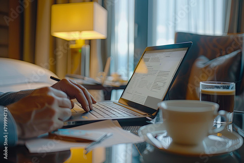 A focused businessperson works on a laptop in the tranquility of their hotel room, with documents and coffee on the table photo