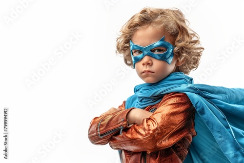 Young hero in blue mask with defiant stance
