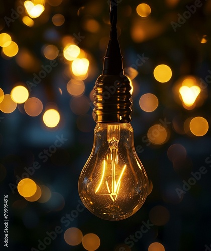 Glowing Light Bulb with Warm Bokeh Background Illuminating Darkness