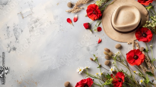 A textured background adorned with vibrant red poppies  a straw hat  and scattered wildflowers creating a rustic summer scene.