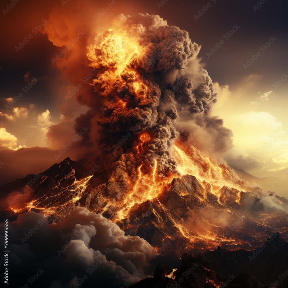 A volcano erupting, spewing hot lava and ash into the sky