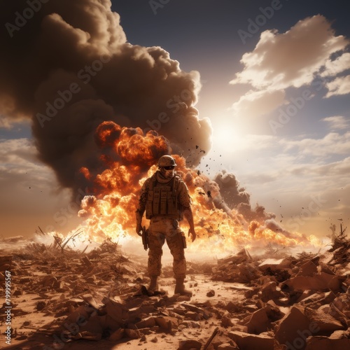 A soldier stands in the middle of a war zone.