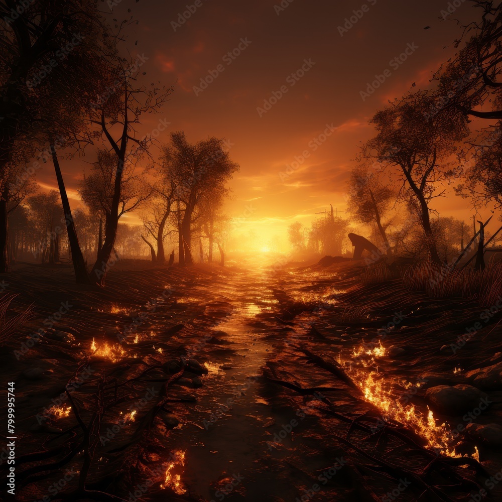 A lone road through a post-apocalyptic landscape A lone road through a post-apocalyptic landscape