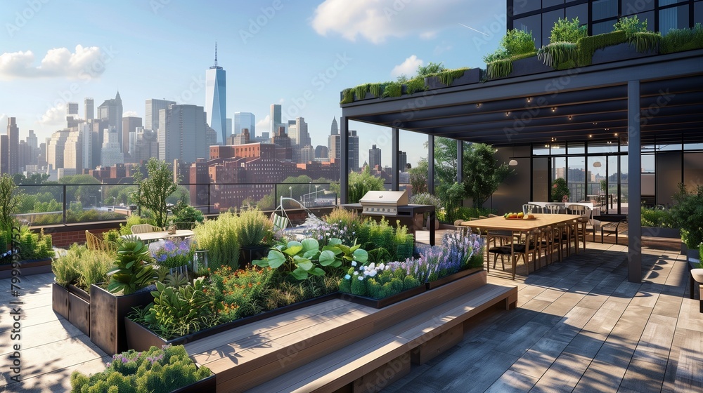 Fototapeta premium Modern urban rooftop garden with raised planters, outdoor dining area, and cityscape backdrop.