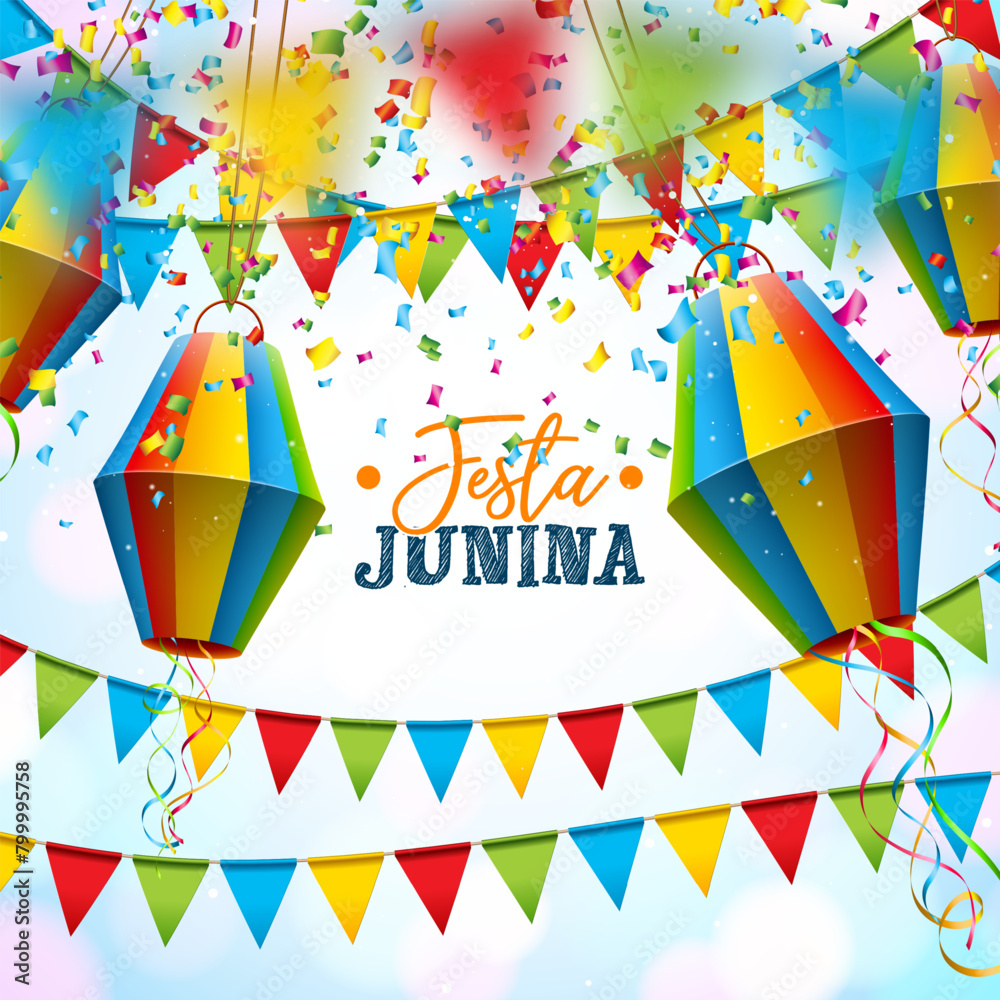 Festa Junina Illustration with Party Flags and Paper Lantern on White Background. Vector Brazil June Traditional Holiday Festival Design for Celebration Banner, Greeting Card, Invitation or Poster