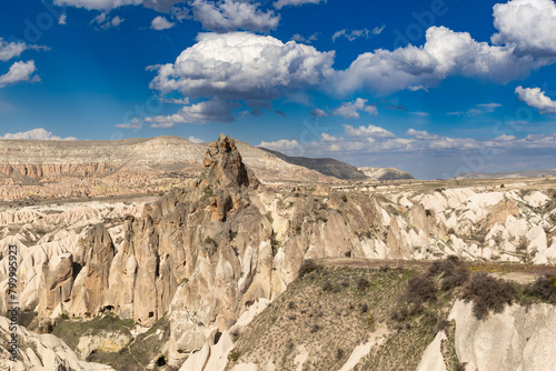 A scene of Cappadocia under the cloudy blue sky