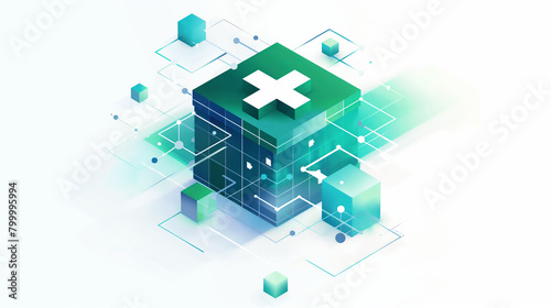 3d illustration of a green cube healthcare hospital on a white background with a plus sign on the top face of the cube. The cube is connected to other cubes of various sizes by lines.