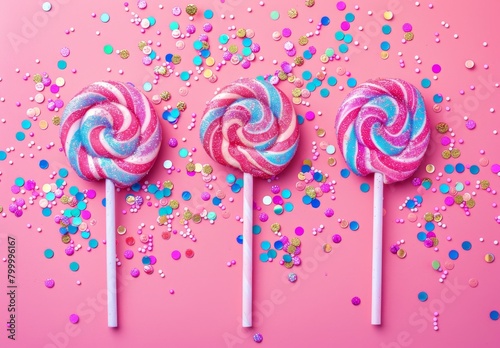 Creative pastel pink background adorned with lollipops, glitter; epitomizes fun, happy party vibes. Minimal flat lay candy concept