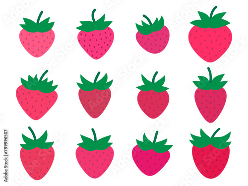 Set of strawberry icons in a minimalistic style isolated on a white background. Strawberry collection with different shades of red. Strawberry drawing for banners and posters. Vector illustration
