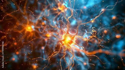 Dynamic neural network  glowing brain cells transmitting light impulses in intricate network - scientific photo background