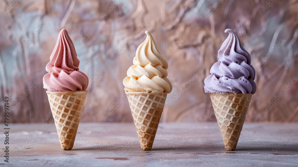 Three different flavored soft serve ice creams in waffle cones on a table. Three different flavored soft serve ice creams in waffle cones on a table.