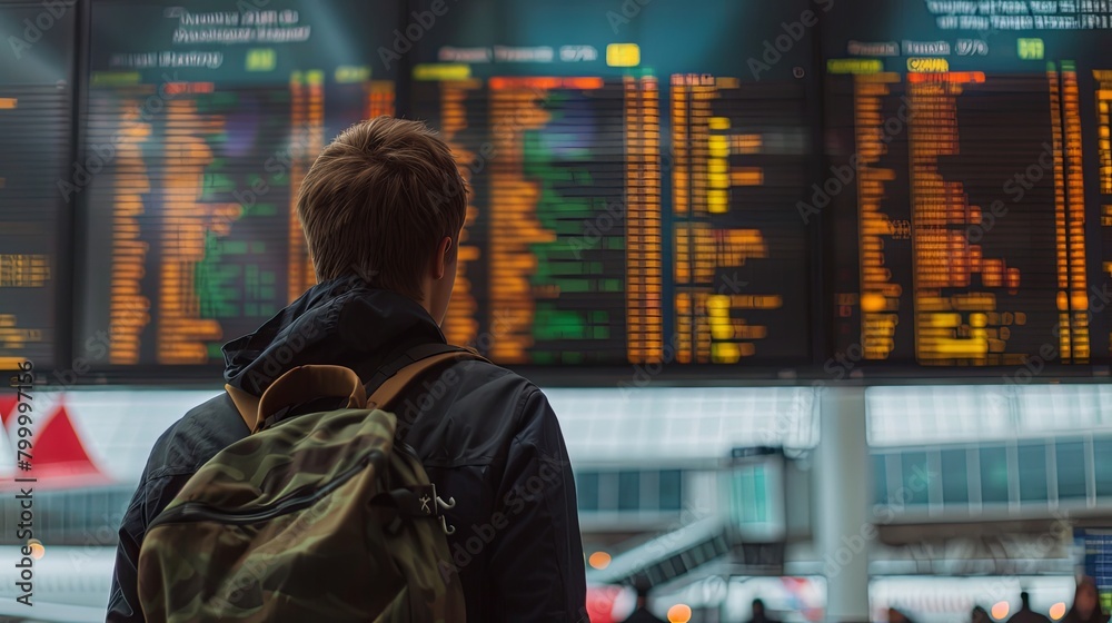 Solo Traveler Contemplating Airport Flight Schedule Solo Traveler Contemplating Airport Flight Schedule