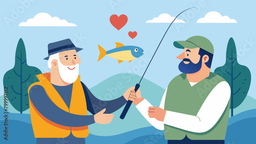 A veteran and a newcomer to fishing find common ground as they chat about their shared love for the outdoors and the thrill of catching a big fish.. Vector illustration