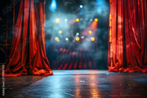 Embrace the Splendor of a Dramatic Theater Stage with Vibrant Red Curtains and Spotlight. Concept Dramatic Theater Stage, Vibrant Red Curtains, Spotlight, Theatrical Performance, Stage Lighting photo