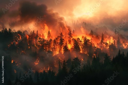 Night fire in the forest with fire and smoke.Epic aerial photo of a smoking wild flame.A blazing,glowing fire at night.Forest fires.Dry grass is burning. climate change,ecology.Line fire in the dark