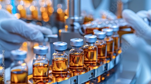 A pharmaceutical manufacturing line with vials and strict quality control in a clean facility.