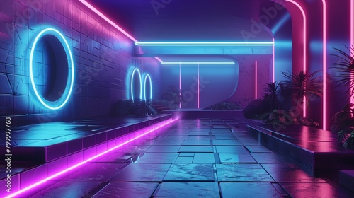 Retro-futurism inspired by sci-fi movies with metallic finishes and neon accents. photo