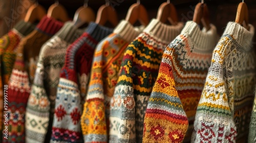 Vibrant handcrafted woolen sweaters hanging in a row, showcasing a variety of patterns and colors.
