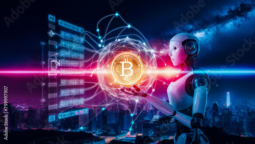 A robot with a coin on his arm and a symbol Bitcoin with a blue background. Blockchain Technology Integration. Big data storage, Cloud computing, Machine learning, Ai blockchain technology