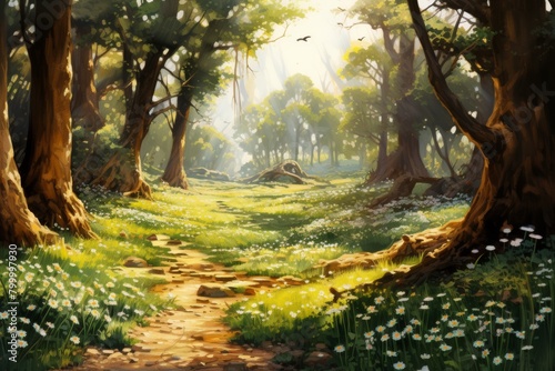 A lush green forest with a path leading through it. The trees are tall and majestic, and the sunlight is shining through the leaves. There are flowers blooming along the path. © Nattanon