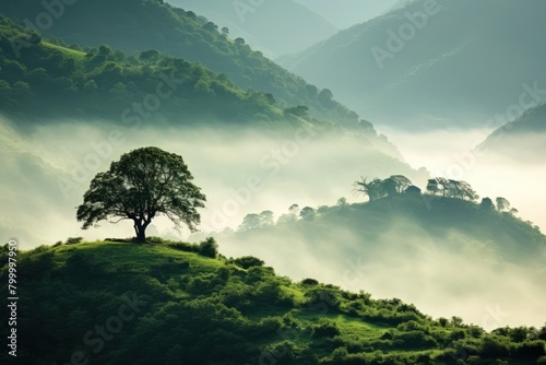 A captivating landscape featuring lush green hills, trees, and layers of fog, culminating in the majestic peak of a mountain photo