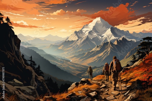 A graphic illustration showcasing a group of hikers conquering a rugged mountain trail.