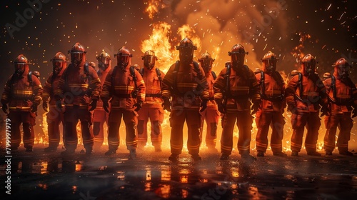 Dramatic scene showing a team of firefighters in full gear bravely confronting a fierce blaze at night