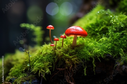 Autumn Forestscape featuring Red Mushrooms, Moss-covered Ground, and Lush Greenery in Macro View