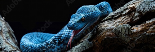 A blue snake with its tongue out, slithering on the branch of an old tree. photo