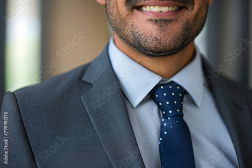 Confident businessman standing tall with a smile, captured in a portrait