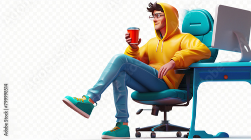 Young successful programmer cartoon guy in yellow hoodie, green sneakers sits cross-legged on an office chair at blue computer desk holds red cup of coffee in hand enjoys. 3d render isolated