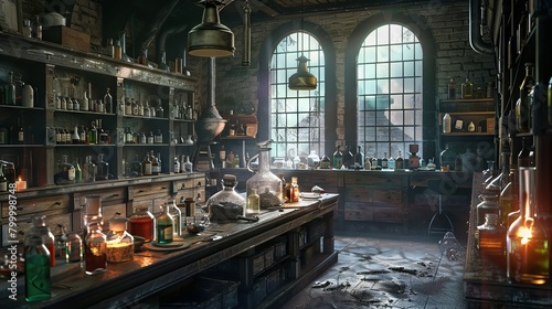 Enchanting 3d rendering of potion bottle in laboratory room with mystical ambiance - magical alchemy concept for design projects