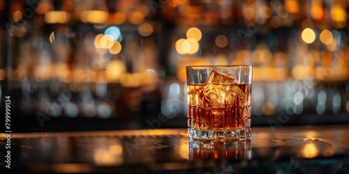 Glass of whiskey with ice on a bar counter with a blurred background of liquor bottles.