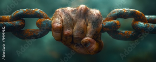 Aged hand holding a rusty chain tightly photo