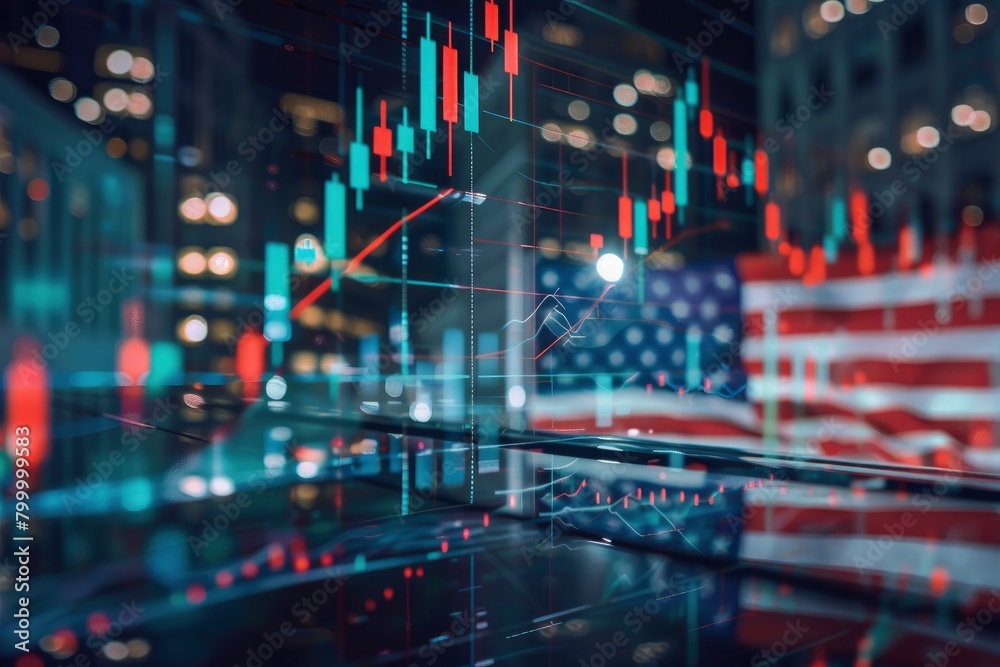 Abstract creative financial graph hologram with USA flag on blurred office building background