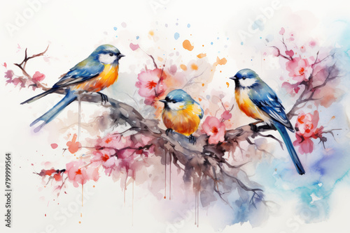 Three birds sitting on a branch with pink flowers in the background.