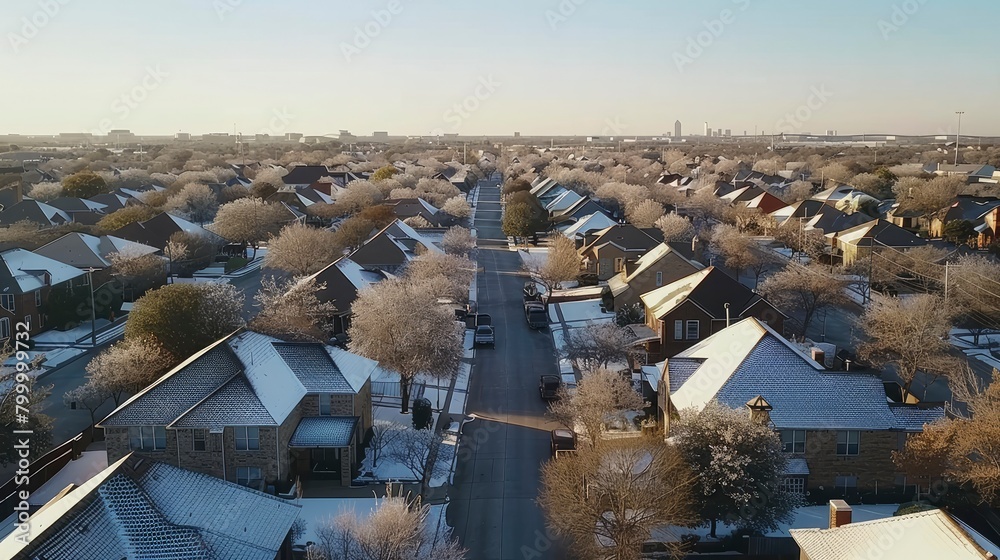 Aerial view of a suburban neighborhood in Dallas, showing houses and trees on a winter day.