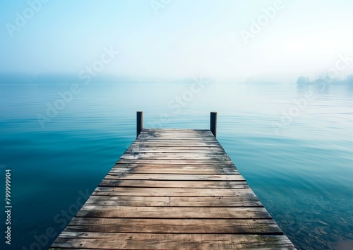 Tranquil Wooden Pier Extending into Serene Blue Lake under Clear Sky at Dawn