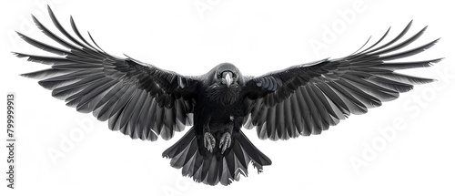 A black raven in midflight, its wings fully extended, captured in exquisite detail against a white background photo