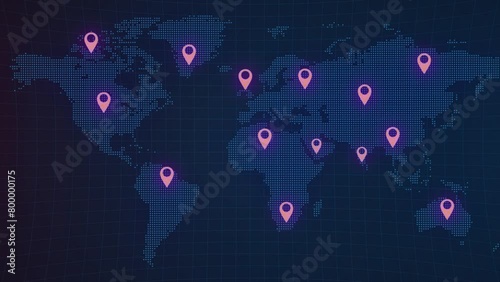 Purple color location destination in the World map background animation 4k footage.