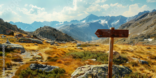 Scenic view of a rugged mountain landscape with a trail signpost in the foreground.