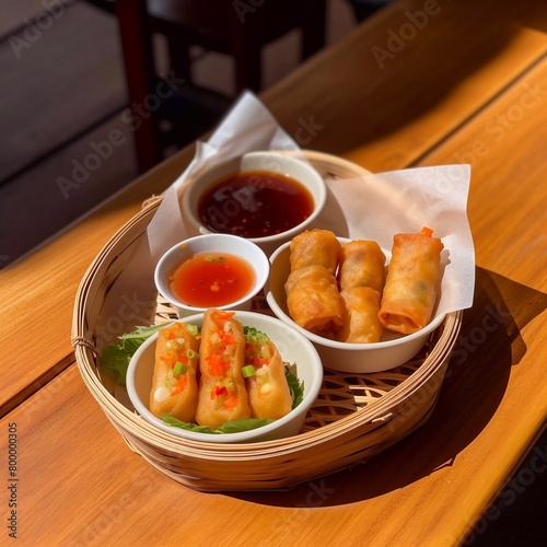 Fried spring rolls in a basket and dipping sauce. Looks delicious. Asian food.