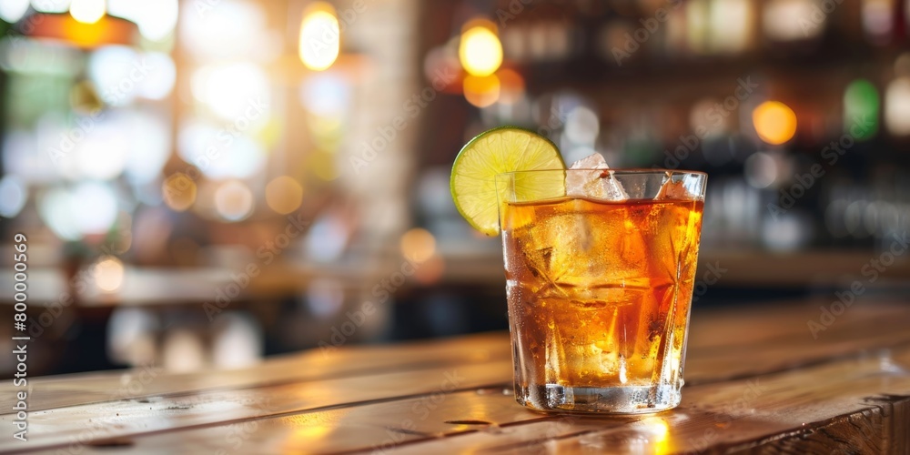 Refreshing glass of iced tea with a lime slice on a warm bar top. Refreshing glass of iced tea with a lime slice on a warm bar top.