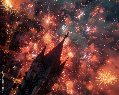 An upwards view of a grand cathedral spire enveloped by the intense colors and sparks of a lively fireworks display. Cathedral Spire Amidst Vibrant Fireworks Display
