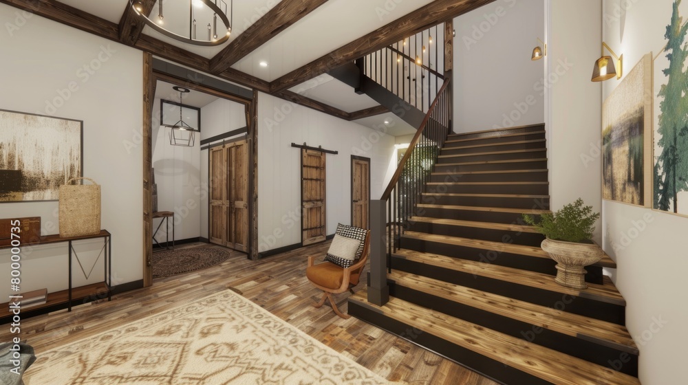 Obraz premium Free photos of stairs to the second floor of a luxurious house decorated in white. design of a living room in a house with tables and chairs on a wooden floor