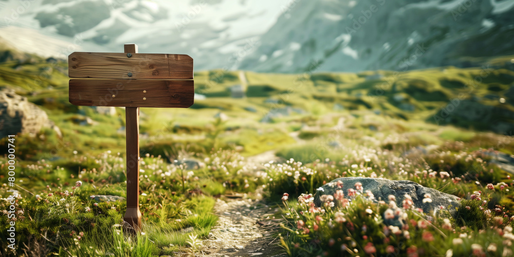 Fototapeta premium A weathered wooden signpost stands on a scenic mountain path surrounded by wildflowers and lush greenery.