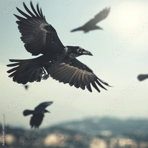 Against a clear blue sky, a group of crows takes flight, their black forms contrasting sharply against the azure expanse